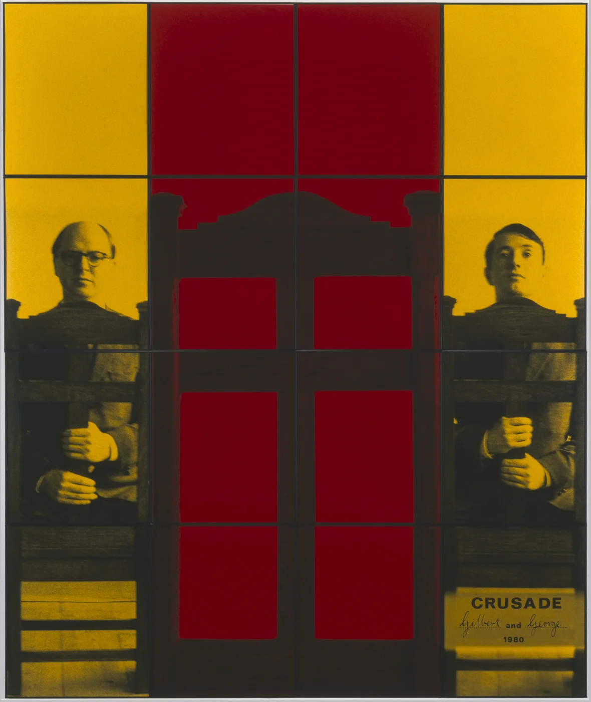 CRUSADE, 1980, by Gilbert & George: a grid of panels in yellow and deep red, with George on the left and Gilbert on the right seated behind wooden chairs on either side of a pair of red doors, and a label reading CRUSADE, Gilbert and George, 1980