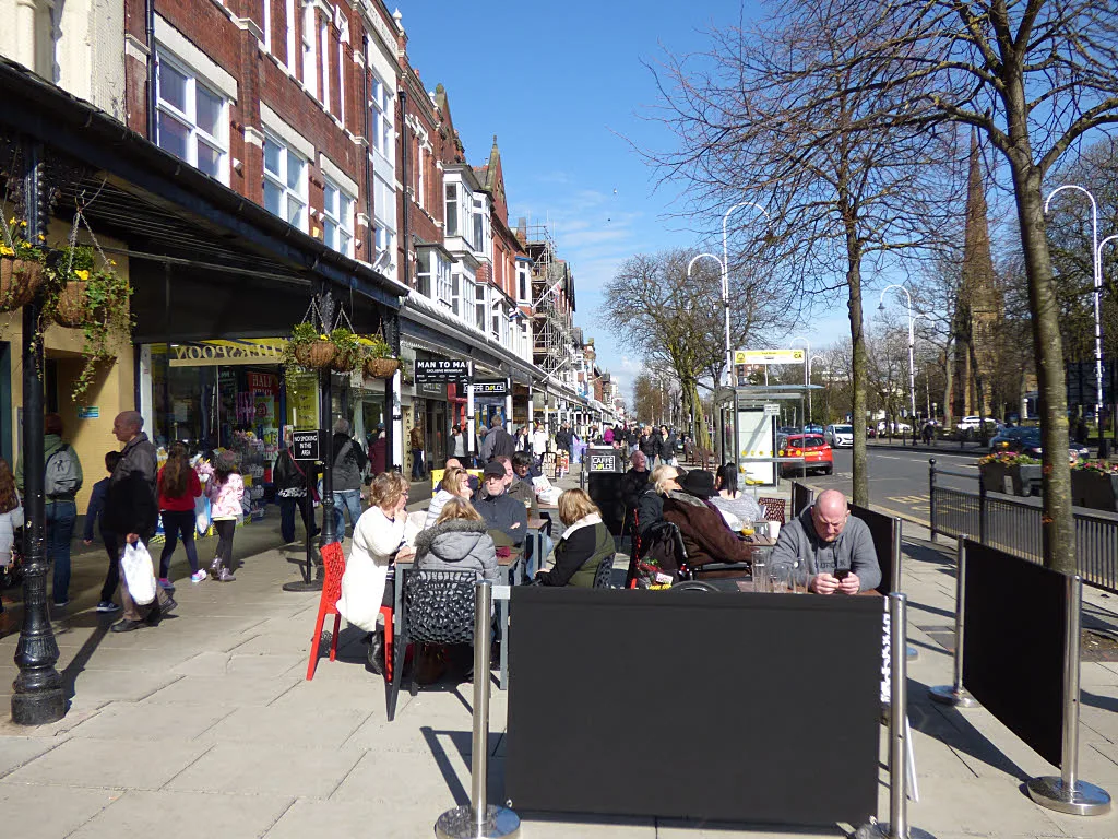 Pavement cafes on Lord Street, Southport. The photo shows the street, not any of the venues inspected in September.