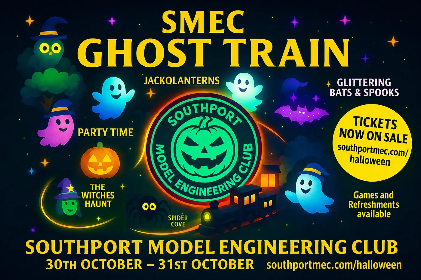 SMEC Ghost Train poster: cartoon ghosts, bats, a witch and a steam train around a glowing pumpkin badge of Southport Model Engineering Club, with the dates 30th to 31st October and tickets at southportmec.com/halloween
