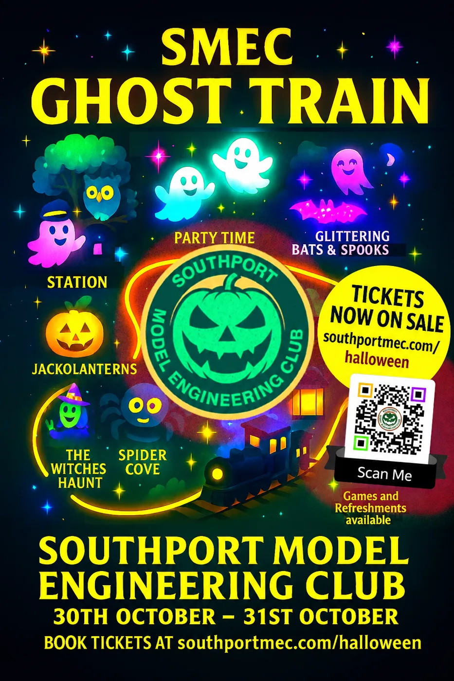 Portrait SMEC Ghost Train poster with ghosts, bats, a pumpkin badge, a train, a QR code marked Scan Me, and the dates 30th to 31st October