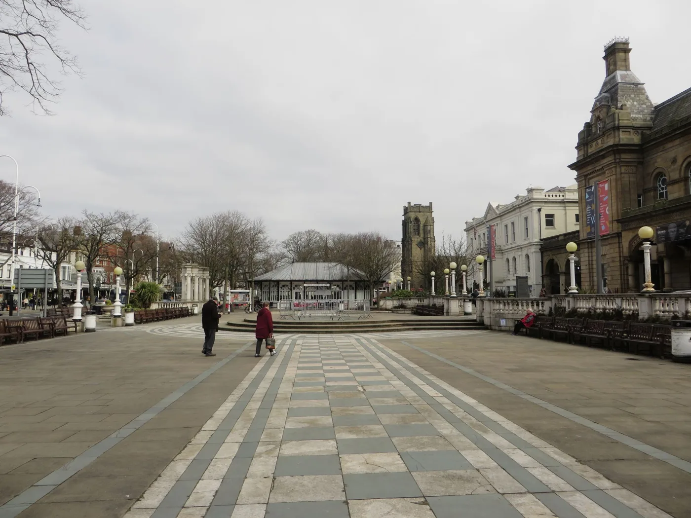 Town Hall Gardens on Lord Street, with The Atkinson on the right, photographed in March 2018. The paving and balustrades shown here are both named in the council's description of what needs repair.